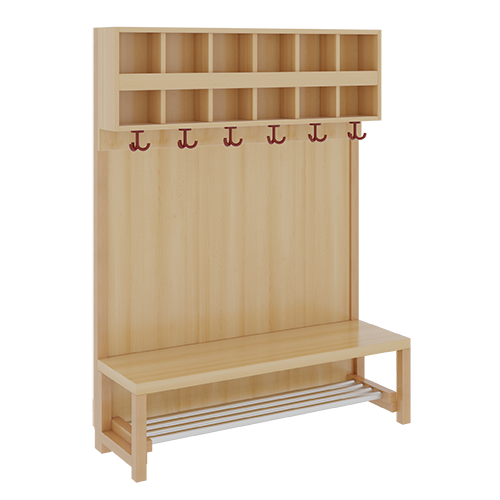 Komplettgarderobe mit doppelter Ablagereihe B/H/T: 120x158x39 cm, 6 Plätze, Sitzhöhe: 26 cm, Stütze mit Paneelrückwand, mit Schuhrost aus Aluminiumrohren