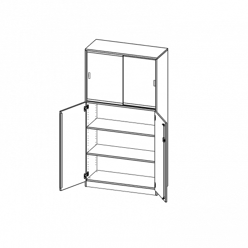 Kombischrank, 5 Ordnerhöhen, Drehtüren unten (3 OH), Glasschiebetüren oben (2 OH) - Serie evo180 B/H/T: 100x190x40 cm, alle Türen abschließbar, mit Sockel (81 mm)