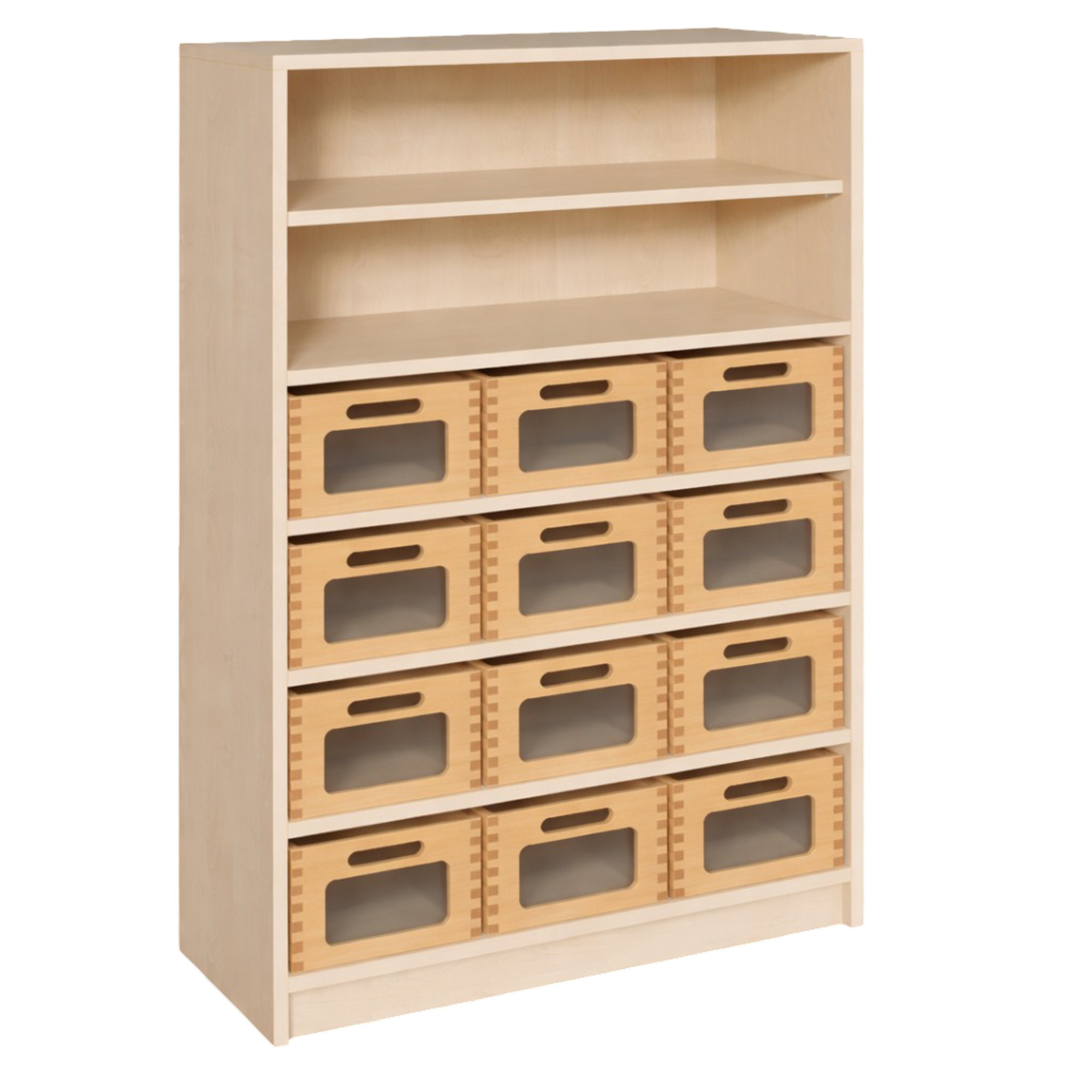 Korpus-Regal mit Materialkästen und offenen Fächern B/H/T: 102x120x40 cm, mit 12 Massivholz-Kästen mit Sichtfenster, oben Regal mit 2 Fächern