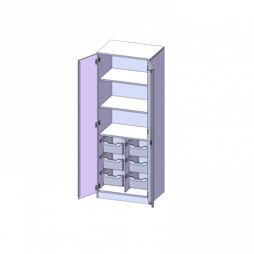 ErgoTray Schrank, zweireihig, 5 Ordnerhöhen - evo180 Serie B/H/T: 70,3x190x50 cm, zweitürig, mit Sockel (81 mm), mit 6 hohen ErgoTray Boxen