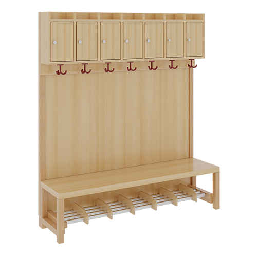 Komplettgarderobe mit Ablagen und Türen B/H/T: 140x158x39 cm, 7 Plätze, Sitzhöhe: 42 cm, Stütze mit Paneelrückwand, Schuhrost aus Aluminiumrohren mit Facheinteilungen