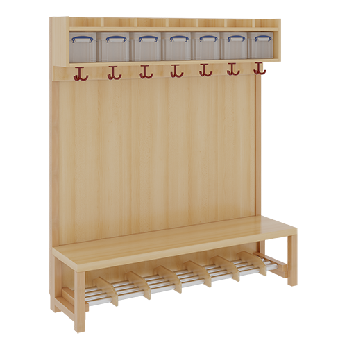 Komplettgarderobe mit einfacher Ablage inklusive Boxen B/H/T: 140x130x39 cm, 7 Plätze, Sitzhöhe 26 cm, mit Paneelrückwand, Schuhrost aus Aluminiumrohren mit Trennungen