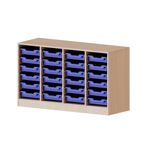 ErgoTray Regal, vierreihig, 2 Ordnerhöhen - evo180 Serie B/H/T: 138,7x82x40 cm, mit Sockel (81 mm), 24 flache ErgoTray Boxen