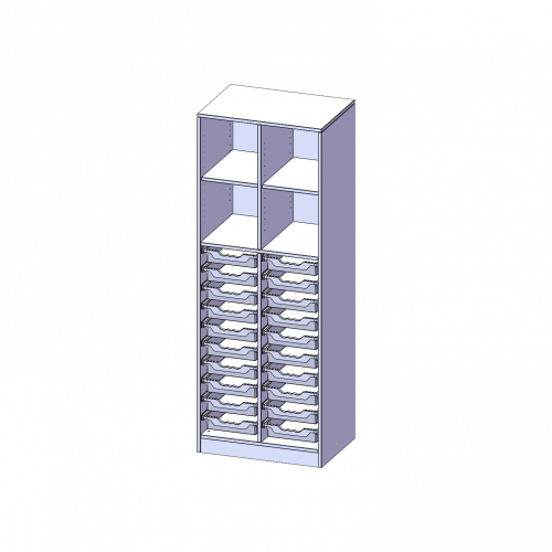 ErgoTray Regal, zweireihig, 5 Ordnerhöhen - evo180 Serie B/H/T: 70,3x190x50 cm, mit Sockel (81 mm) und Mittelwand, unten 20 flache ErgoTray Boxen, oben 4 Einlegeböden