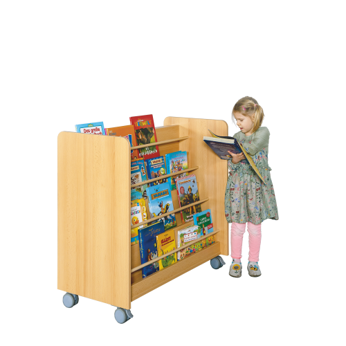 Wendebibliothek doppelseitig, fahrbar B/H/T: 102x94x50 cm, Wendebibliothek mit 7 Ablagen, Dekor nach Wahl