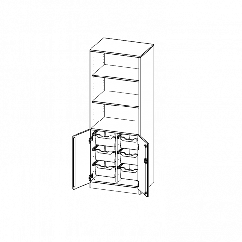 ErgoTray Kombi-Schrank, zweireihig, 5 Ordnerhöhen - evo180 Serie B/H/T: 70,3x190x50 cm, 2 OH unten mit Türen und 6 hohen ErgoTray Boxen, oben 3 OH Regal, mit Sockel (81 mm)