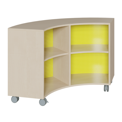 Korpus-Regal auf 1/4-Kreis-Grundriß, Rückwand aus Lochblech Bogenregal auf 90°, B/H/T: 140x82.5x57 cm, mit 4 Fächern