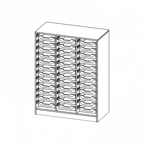 ErgoTray Regal, dreireihig, 3,5 Ordnerhöhen - evo180 Serie B/H/T: 104,5x136x50 cm, mit Sockel (81 mm), 36 flache ErgoTray Boxen