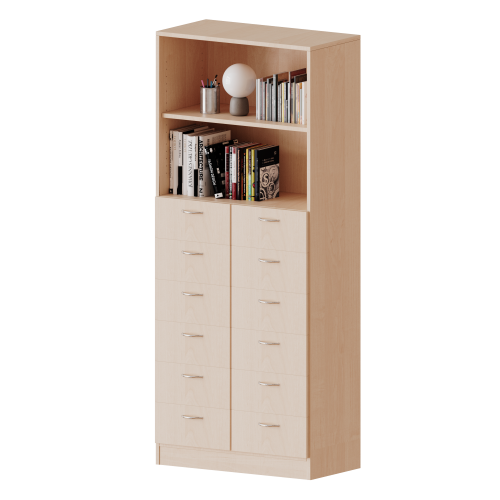 Schubladen - Kombischrank, 5 Ordnerhöhen - Serie evo180 B/H/T: 100x190x40 cm, 12 Schubladen unten, oben 2 offene Fächer, mit Sockel (81 mm)