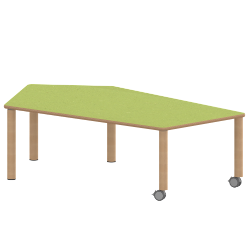 Tisch ZALOTTI mit Linoleum-Belag Fünfecktisch-groß, B/H/T: 185x41x104 cm, Massivholzbeine Ø 60 mm, Fußvariante: fahrbar