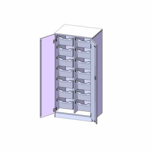 ErgoTray Schrank, zweireihig, 4 Ordnerhöhen - evo180 Serie B/H/T: 70,3x154x50 cm, zweitürig, mit Sockel (81 mm), mit 14 hohen ErgoTray Boxen