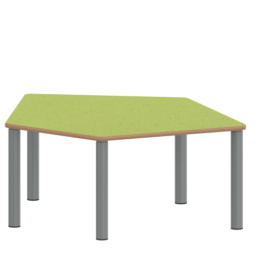 Tisch ZALOTTI mit Linoleum-Belag Fünfecktisch-klein, B/H/T: 121x25x110 cm, Stahlrohrbeine Ø 60 mm, Fußvariante: Stellfuß, Tischbeine mit RAL-Farbe 9006 (weißaluminium)