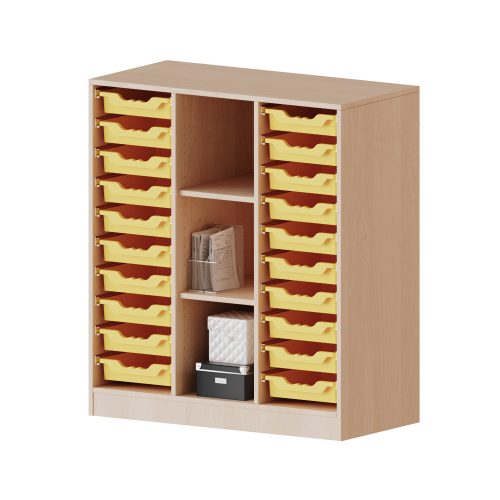 ErgoTray Regal, dreireihig, 3 Ordnerhöhen - evo180 Serie B/H/T: 104,5x118x50 cm, fahrbar, rechts und links je 10 flache ErgoTray Boxen, 3 Fächer in der Mitte