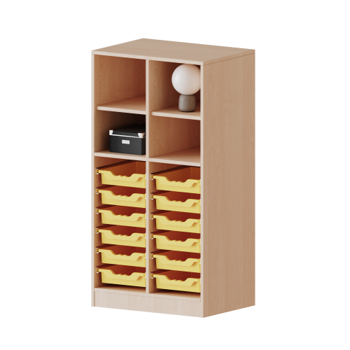 ErgoTray Regal, zweireihig, 3,5 Ordnerhöhen - evo180 Serie B/H/T: 70,3x136x40 cm, mit Sockel (81 mm), oben 4 Fächer, unten 12 flache ErgoTray Boxen