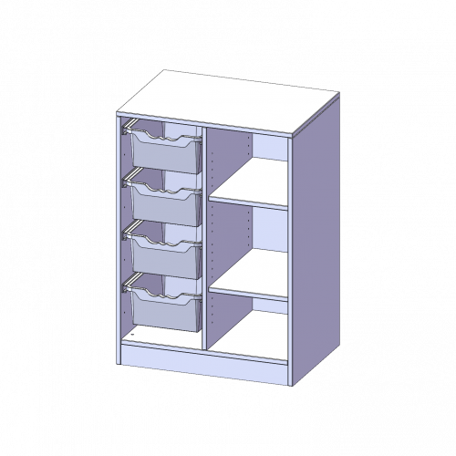 ErgoTray Regal, zweireihig, 2,5 Ordnerhöhen - evo180 Serie B/H/T: 70,3x100x50 cm, mit Sockel (81 mm), rechts 3 Fächer, links 4 hohe ErgoTray Boxen