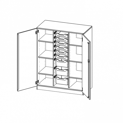 ErgoTray Schrank, dreireihig, 3,5 Ordnerhöhen - evo180 Serie B/H/T: 104,5x136x50 cm, zweitürig, mit Sockel (81 mm), mit 6 flachen und 3 hohen ErgoTray Boxen