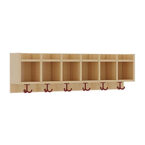 einfache Garderobenablage B/H/T: 120x34,5x20 cm, aus feuerhemmendem Material, 6 Fächer, darunter 3fach-Haken, oben offene Unterteilungen