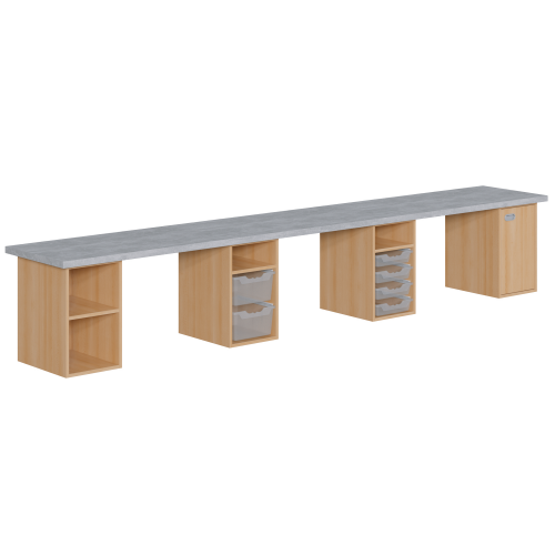 Bastelarbeitsplatz mit Unterbauten B/H/T: 378x64x60 cm, 4 unterschiedliche Unterbauten, verschiedene Boxen, Arbeitsplattendekor: light Atelier, Bastelarbeitsplatz "originell"