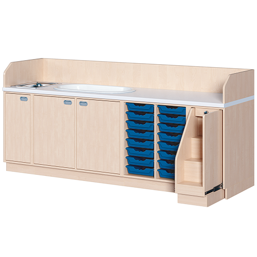 Wickelkommode, dreireihig zuzüglich Badewanne und Waschbecken B/H/T: 249x113x71,5 cm, Ausziehbarer Aufstieg rechts, 16 Boxen und Badewanne, Waschbecken links