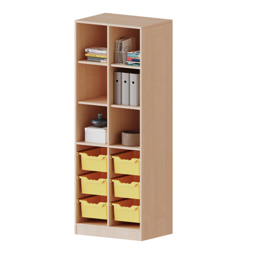 ErgoTray Regal, zweireihig, 5 Ordnerhöhen - evo180 Serie B/H/T: 70,3x190x40 cm, mit Sockel (81 mm) und Mittelwand, unten 6 hohe ErgoTray Boxen, oben 4 Einlegeböden