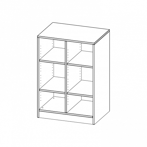 Regal, zweireihig, 2 Ordnerhöhen - evo180 Serie B/H/T: 70,3x100x50 cm (2,5 Ordnerhöhen), mit Sockel (81 mm) und Mittelwand, ohne Boxen, 4 Einlegeböden