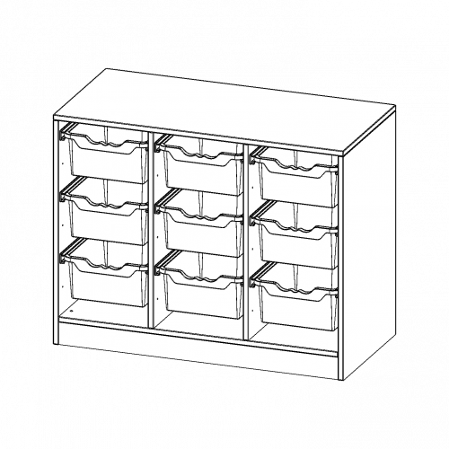 ErgoTray Regal, dreireihig, 2 Ordnerhöhen - evo180 Serie B/H/T: 104,5x82x50 cm, mit Sockel (81 mm), 9 hohe ErgoTray Boxen