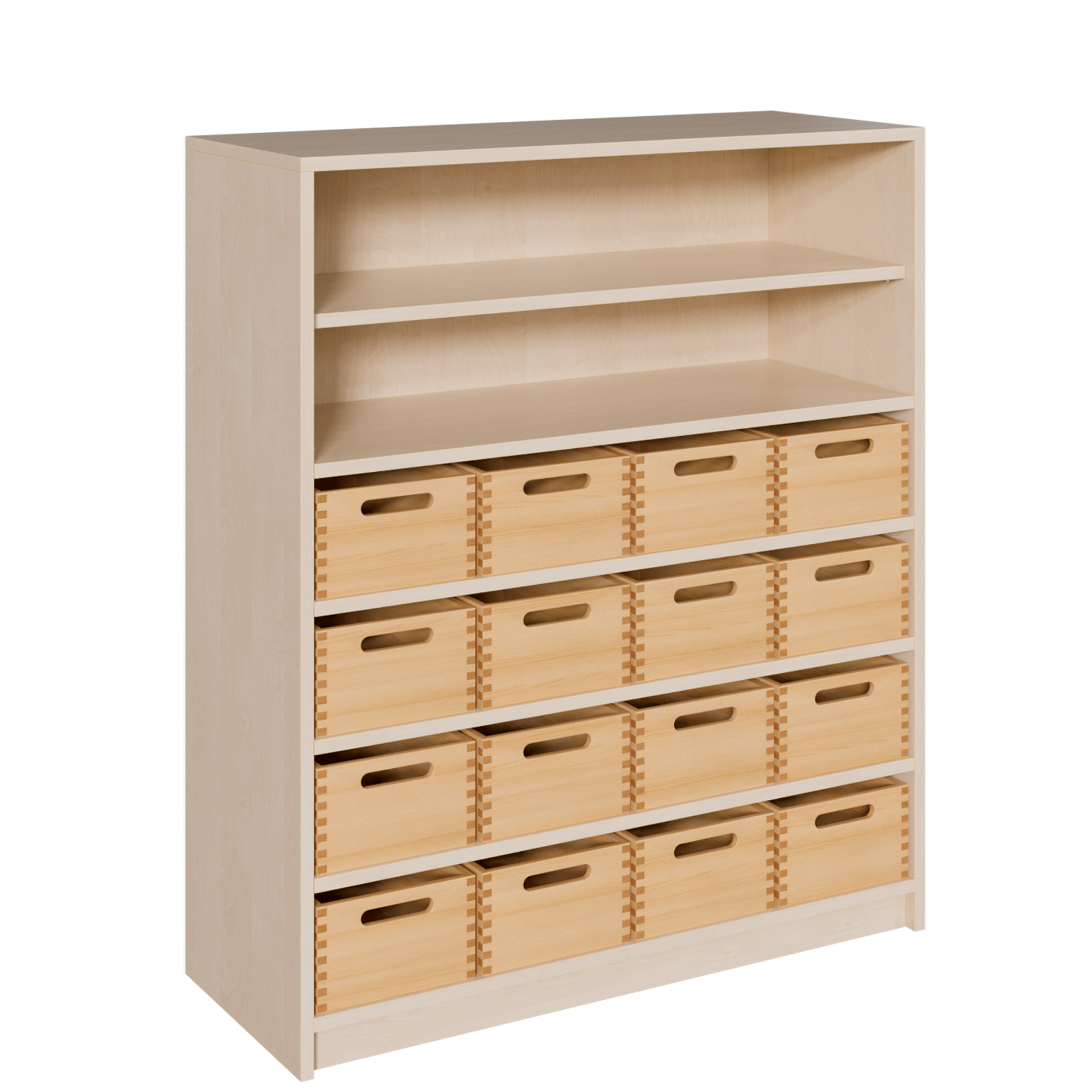 Korpus-Regal mit Materialkästen und offenen Fächern B/H/T: 102x120x40 cm, mit 16 Massivholz-Kästen (ohne Sichtfenster), oben Regal mit 2 Fächern
