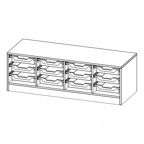 ErgoTray Regal, vierreihig, 1 Ordnerhöhe - evo180 Serie B/H/T: 138,7x46x50 cm, mit Sockel (81 mm), 12 flache ErgoTray Boxen