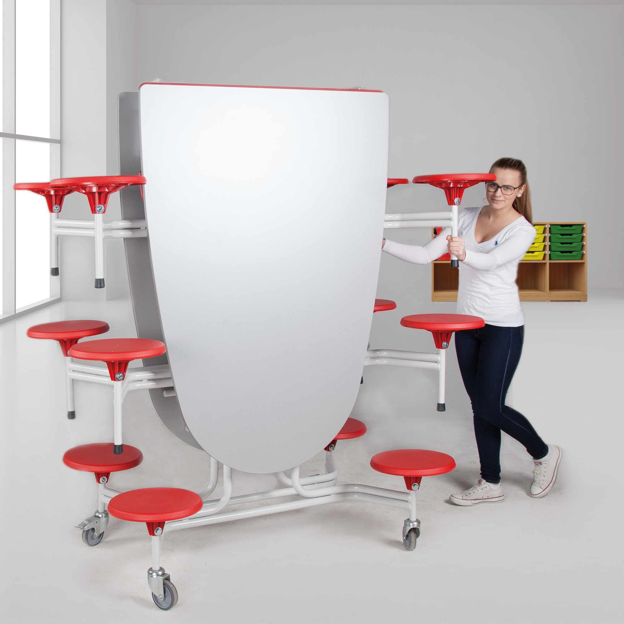 Spaceflex 2.0 Klapptisch mit integrierten Stühlen, oval, Vollkernplatte "PowerSurf" B/H/T: 305x74x107 cm, 12 Sitze Farbe Rot, Sitzhöhe 46 cm