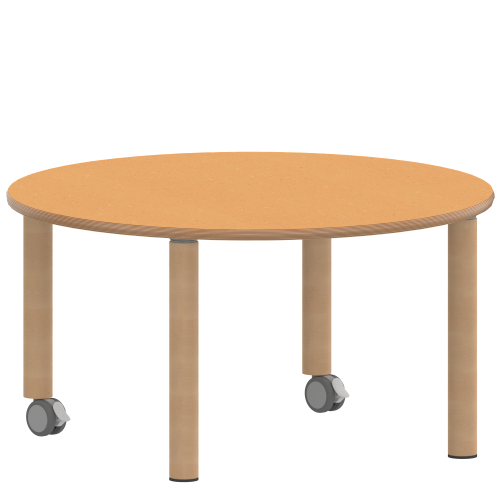 Tisch ZALOTTI mit Linoleum-Belag Rundtisch, Durchmesser/H: 100x25 cm, Massivholzbeine Ø 60 mm, Fußvariante: fahrbar