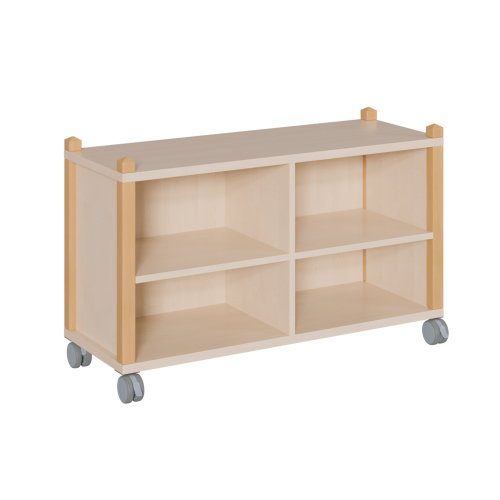 fahrbares Regal in Stollenbauweise B/H/T: 109x62,5x40 cm, Mittelwand außermittig versetzt, 4 Fächer