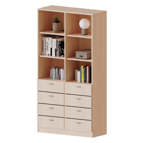Schubladen - Kombischrank, 5 Ordnerhöhen - Serie evo180 B/H/T: 100x190x50 cm, 8 Schubladen unten, oben 6 offene Fächer, mit Sockel (81 mm)