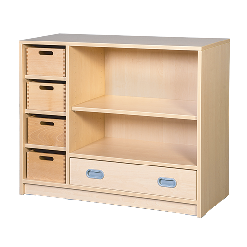 Korpus-Schrank mit 1 Dekorschub, 4 Materialkästen und Regalbereich B/H/T: 102x80x40 cm, 4 Massivholz-Kästen, 1 Schub und 2 Fächern