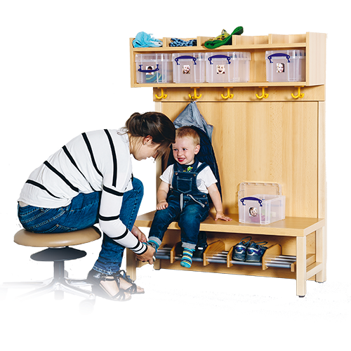 Komplettgarderobe mit einfacher Ablage inklusive Boxen B/H/T: 100x158x39 cm, 5 Plätze, Sitzhöhe 42 cm, mit Paneelrückwand, Schuhrost aus Aluminiumrohren mit Trennungen