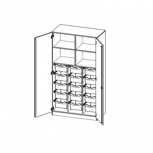 ErgoTray Schrank, dreireihig, 5 Ordnerhöhen - evo180 Serie B/H/T: 104,5x190x50 cm, zweitürig, mit Sockel (81 mm), mit Mittelwand, mit 15 hohen ErgoTray Boxen