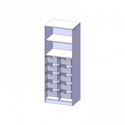 ErgoTray Regal, zweireihig, 5 Ordnerhöhen - evo180 Serie B/H/T: 70,3x190x50 cm, mit Sockel (81 mm), unten 10 hohe ErgoTray Boxen, oben 2 Einlegeböden