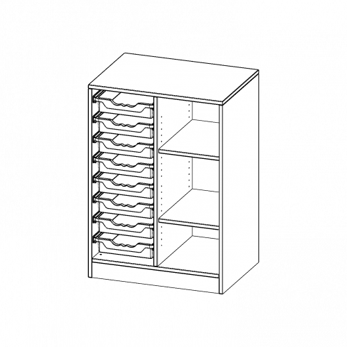 ErgoTray Regal, zweireihig, 2,5 Ordnerhöhen - evo180 Serie B/H/T: 70,3x100x50 cm, mit Sockel (81 mm), rechts 3 Fächer, links 8 flache ErgoTray Boxen