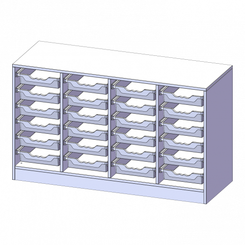 ErgoTray Regal, vierreihig, 2 Ordnerhöhen - evo180 Serie B/H/T: 138,7x82x50 cm, mit Sockel (81 mm), 24 flache ErgoTray Boxen