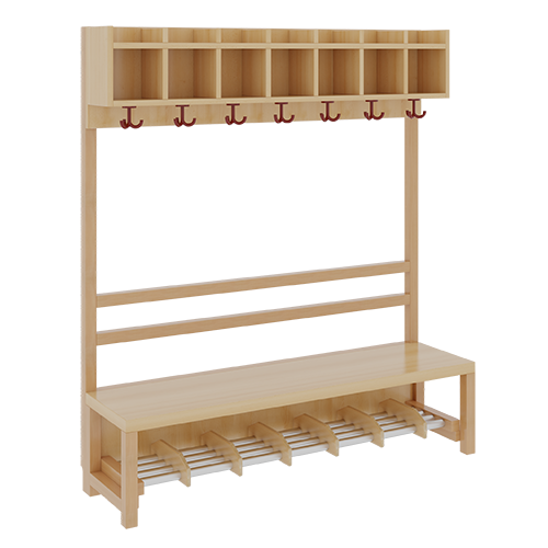 Komplettgarderobe mit einfacher Ablagereihe B/H/T: 140x130x39 cm, 7 Plätze, Sitzhöhe: 34 cm, offene Stütze in Buche-massiv, Schuhrost aus Aluminiumrohren mit Facheinteilungen