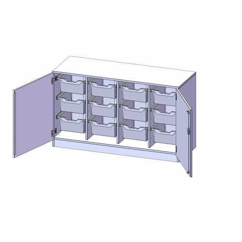 ErgoTray Schrank, vierreihig, 2 Ordnerhöhen - evo180 Serie B/H/T: 138,7x82x50 cm, zweitürig, mit Sockel (81 mm), mit 12 hohen ErgoTray Boxen