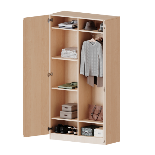 Garderobenschrank mit Spiegel und Garderobenstange, 5 Ordnerhöhen - Serie evo180 B/H/T: 100x190x50 cm, 2 Türen, abschließbar, eine Seite Garderobe, eine Seite Fachböden, Sockel