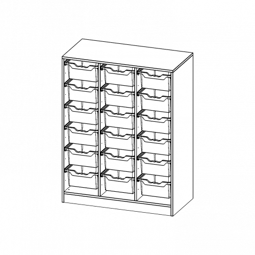 ErgoTray Regal, dreireihig, 3,5 Ordnerhöhen - evo180 Serie B/H/T: 104,5x136x50 cm, mit Sockel (81 mm), 16 hohe ErgoTray Boxen
