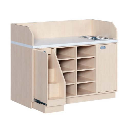 Wickelkommode, dreireihig zuzüglich Waschbecken B/H/T: 143x113x71,5 cm, Ausziehbarer Aufstieg links, Regal und Waschbecken rechts