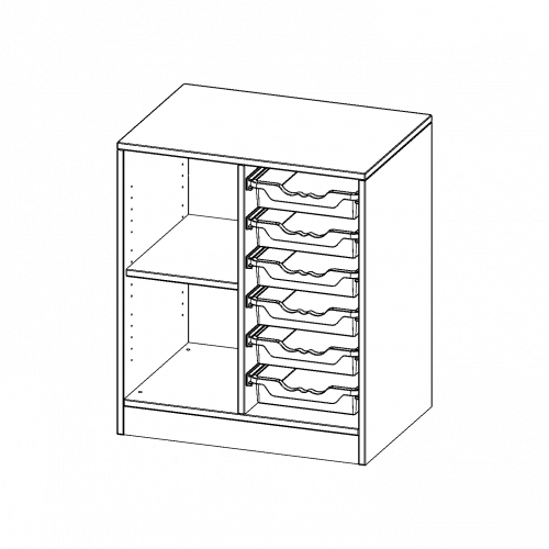 ErgoTray Regal, zweireihig, 2 Ordnerhöhen - evo180 Serie B/H/T: 70,3x82x50 cm, mit Sockel (81 mm), links 2 Fächer, rechts 6 flache ErgoTray Boxen