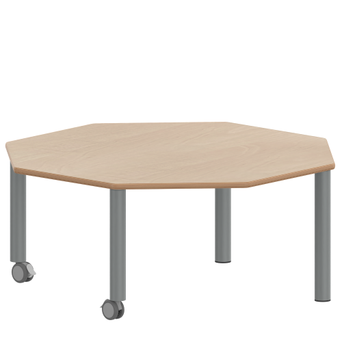 Tisch ZALOTTI mit Schichtstoff-Belag Achtecktisch, B/H/T: 120x25x120 cm, Stahlrohrbeine Ø 60 mm, Fußvariante: fahrbar, Tischbeine mit RAL-Farbe 9006 (weißaluminium)