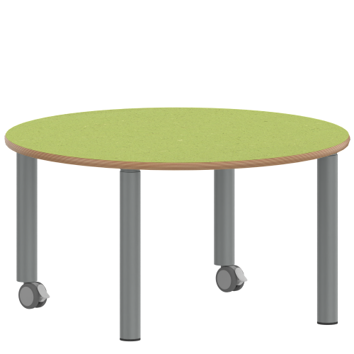 Tisch ZALOTTI mit Linoleum-Belag Rundtisch, Durchmesser/H: 100x25 cm, Stahlrohrbeine Ø 60 mm, Fußvariante: fahrbar, Tischbeine mit RAL-Farbe 9006 (weißaluminium)
