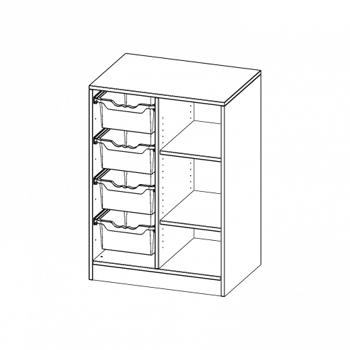 ErgoTray Regal, zweireihig, 2,5 Ordnerhöhen - evo180 Serie B/H/T: 70,3x100x50 cm, mit Sockel (81 mm), rechts 3 Fächer, links 4 hohe ErgoTray Boxen