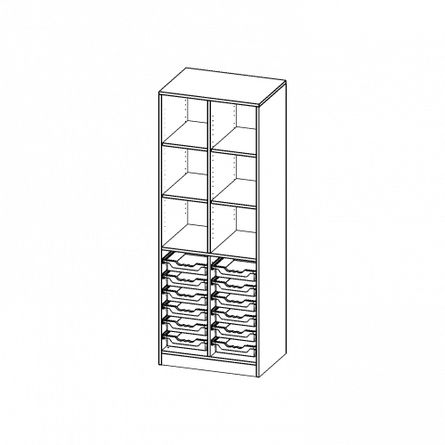 ErgoTray Regal, zweireihig, 5 Ordnerhöhen - evo180 Serie B/H/T: 70,3x190x50 cm, mit Sockel (81 mm) und Mittelwand, unten 12 flache ErgoTray Boxen, oben 4 Einlegeböden