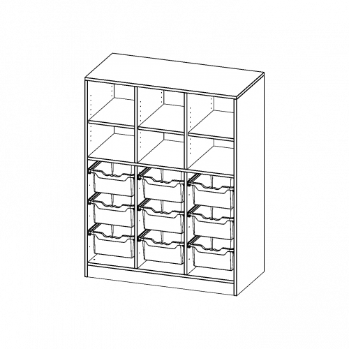 ErgoTray Regal, dreireihig, 3,5 Ordnerhöhen - evo180 Serie B/H/T: 104,5x136x50 cm, mit Sockel (81 mm), unten 9 hohe, oben 6 Fächer
