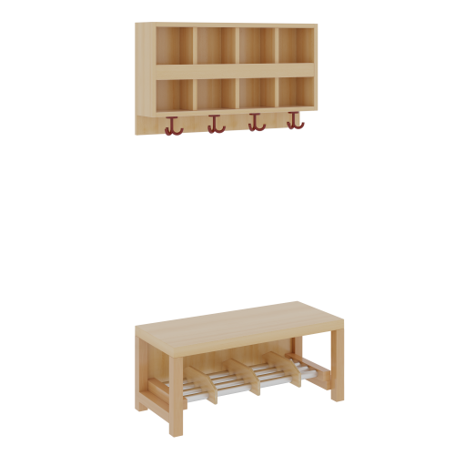 Komplettgarderobe mit doppelter Ablagereihe B/T: 80x35 cm, 4 Plätze, Sitzhöhe 34 cm, 2teilig ohne Stütze, Ablage zur Wandmontage, Alurohr-Schuhrost mit Trennungen